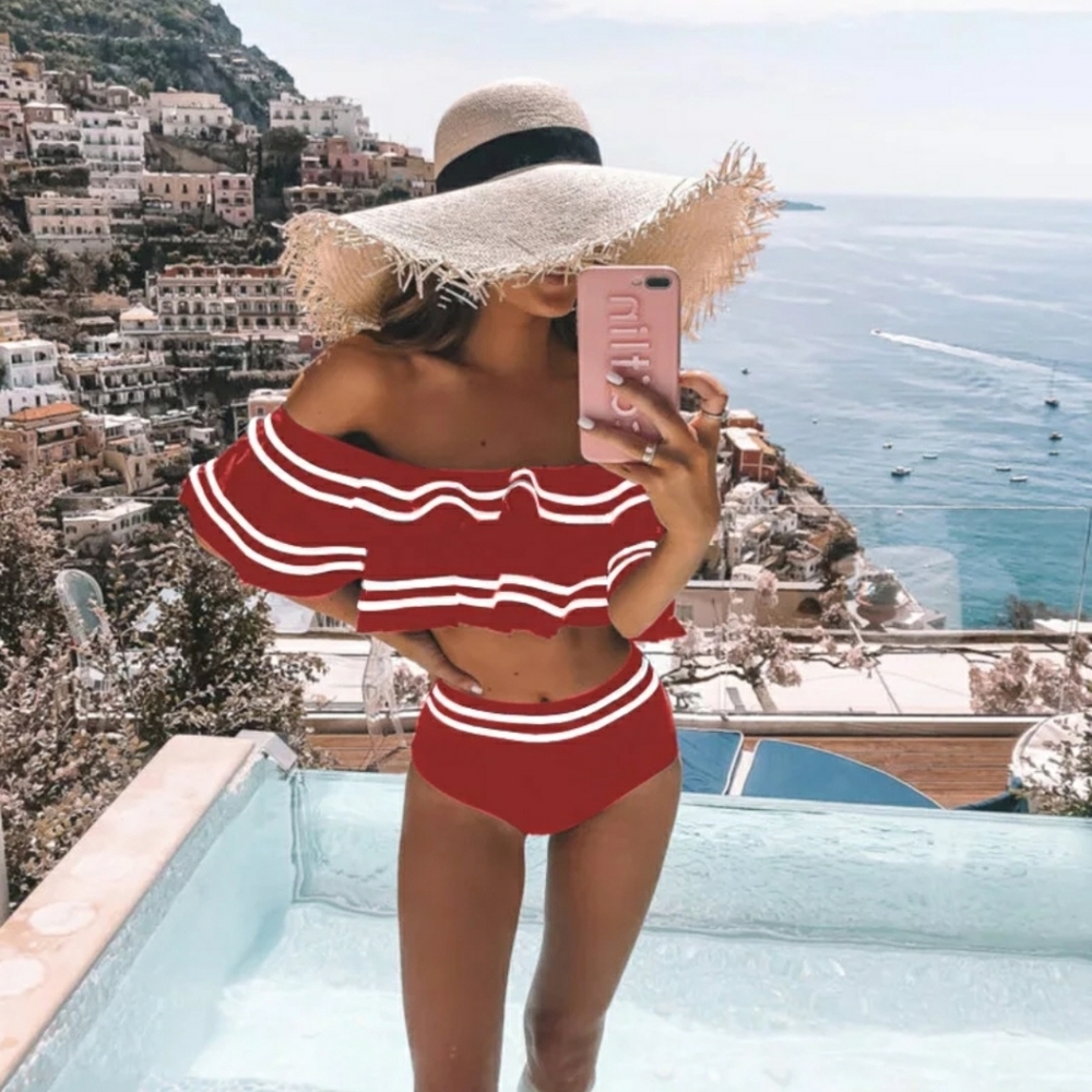 Red Sexy Off Shoulder  Bathing Suit